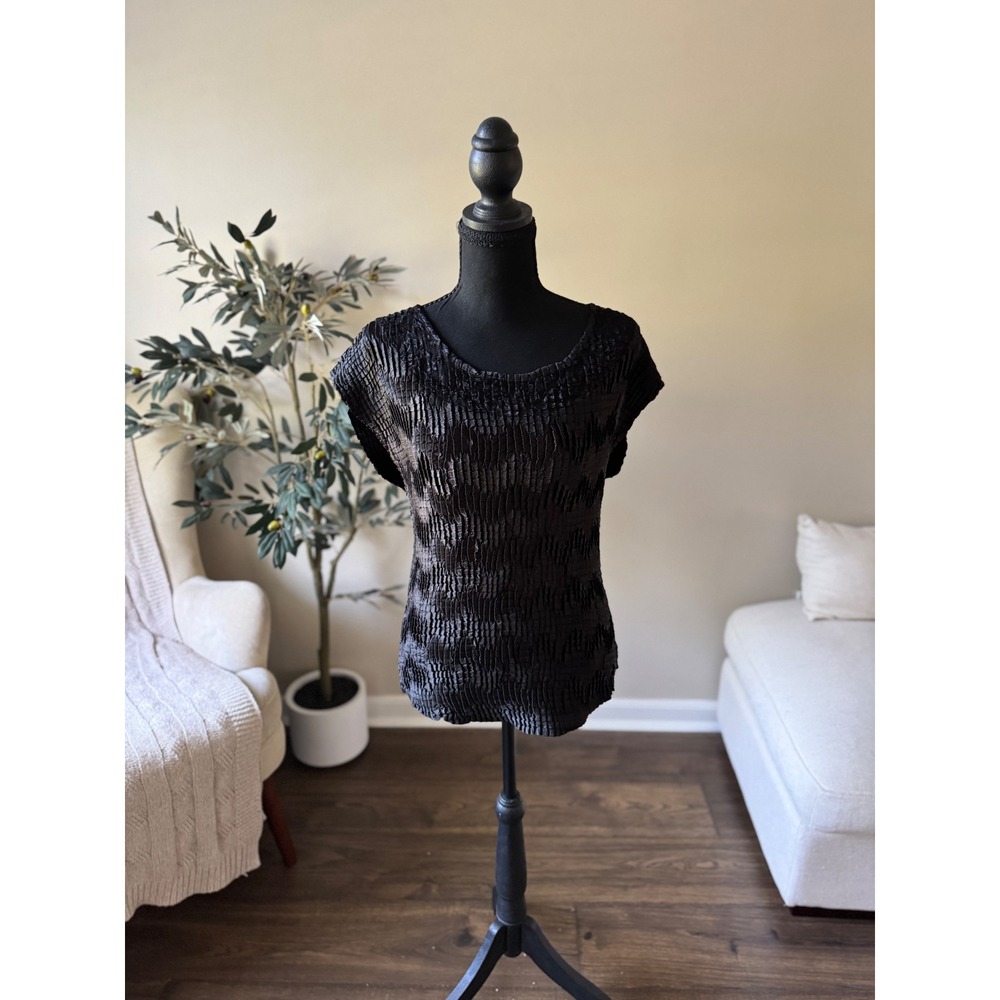 Nicola Black Popcorn Top Textured Crinkle Scoop Neck Cap Sleeve Blouse XL